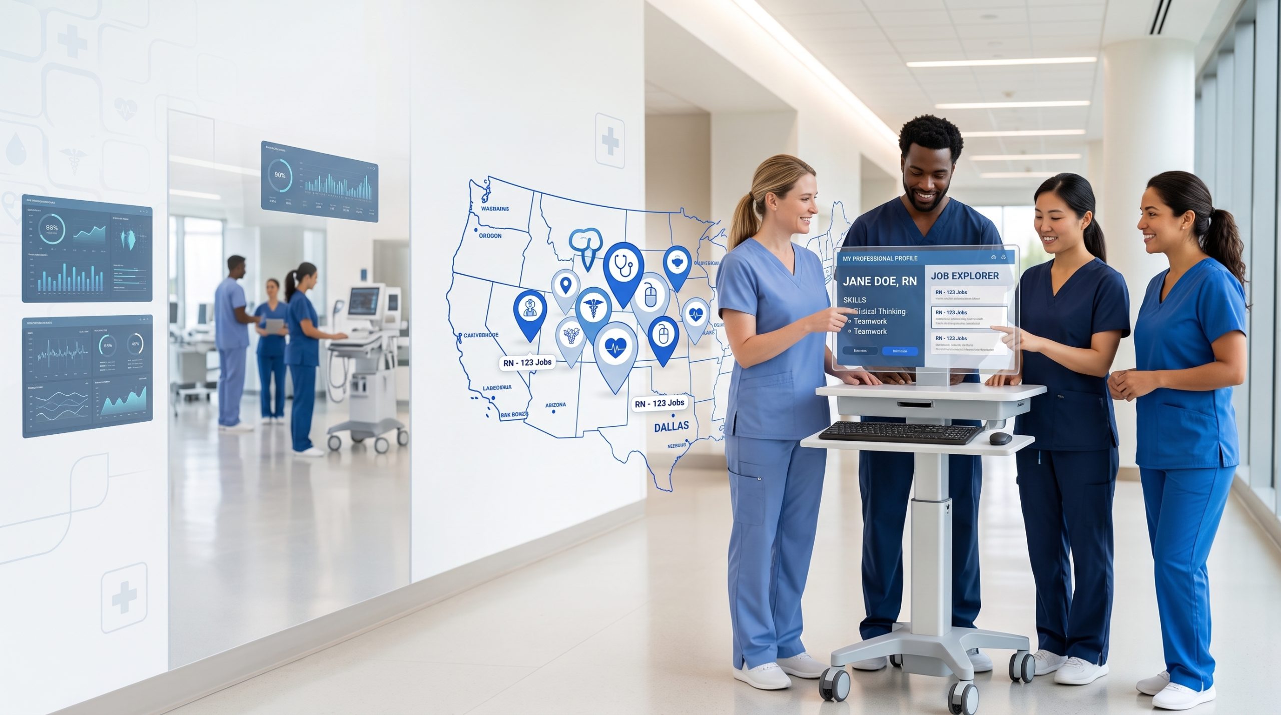 Nurse exploring nationwide nursing job opportunities on MedicalStaff.AI
